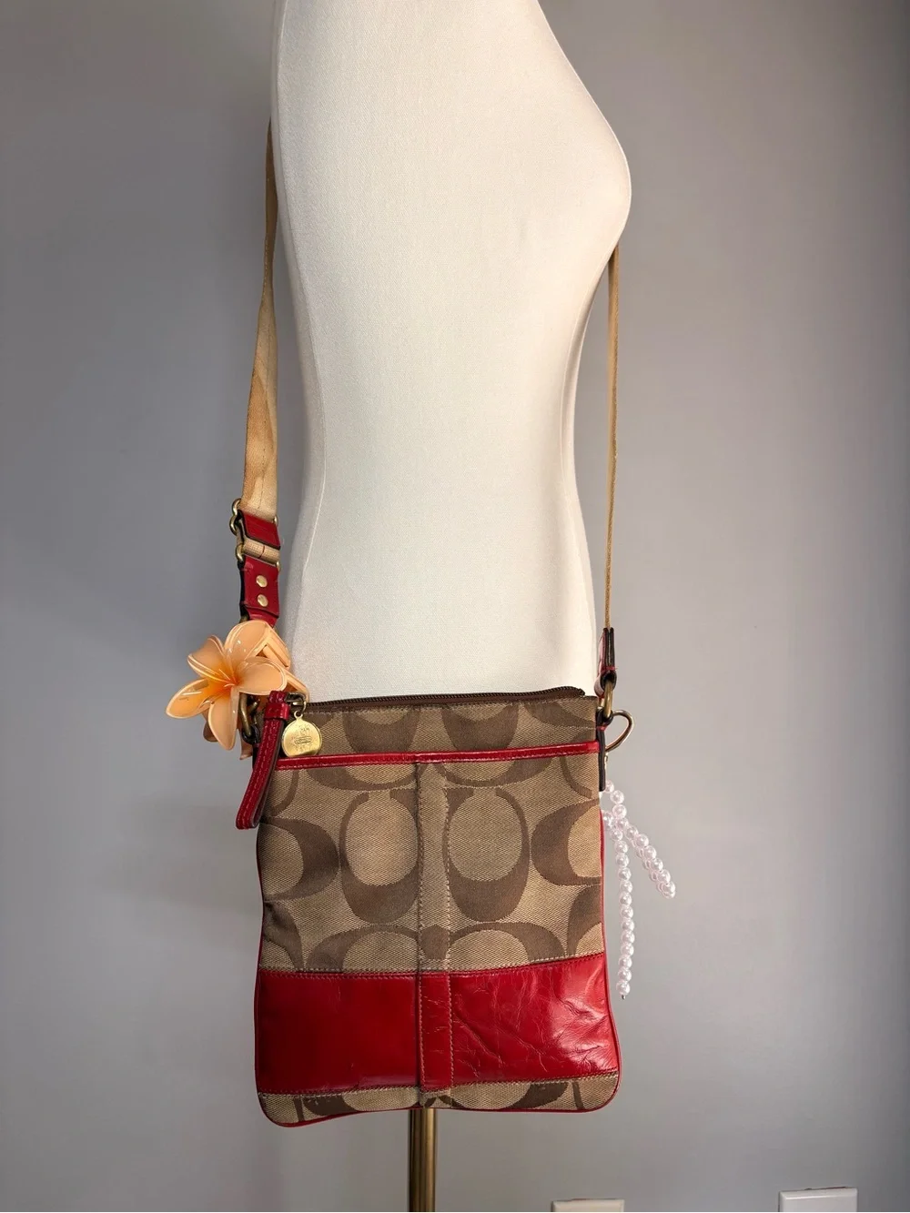 Coach Y2K Signature Canvas Crossbody Bag with Red Leather Trim